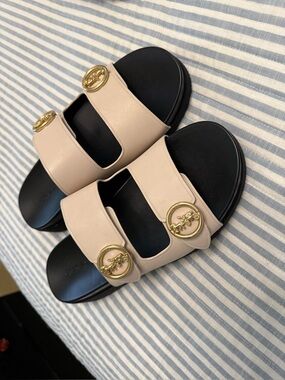Coach Women's Beige Double-Strap Slide Sandals with Gold Buckles